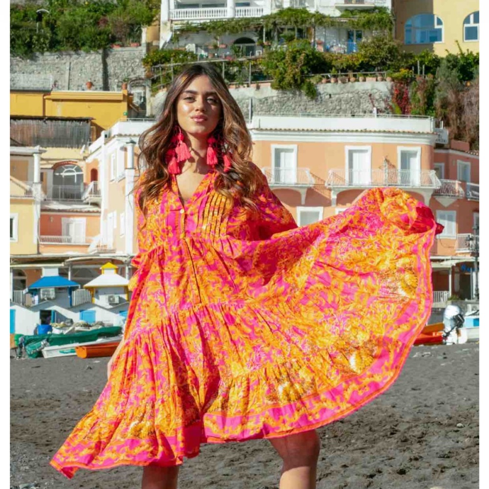 Antica Sartoria 2026 Vibrant Pink & Orange Floral Tiered Summer Dress NWT O/S